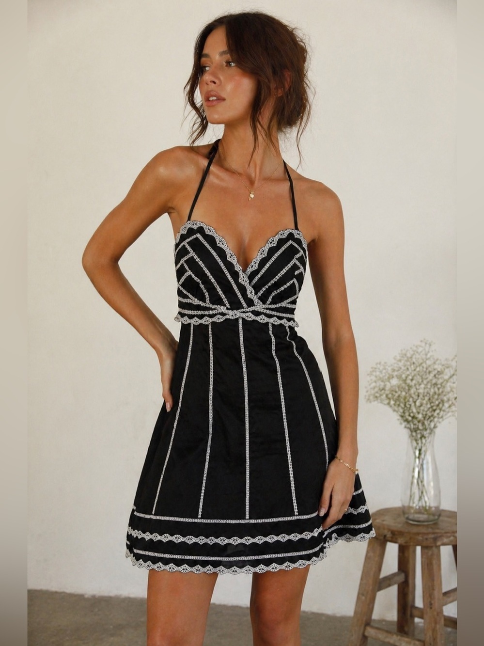 White House Black Market Halter Dress Lace Trim Corset Mini Dress 4